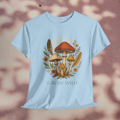 Wild Mushroom Graphic Tee in Light Blue - Eco-Friendly Unisex Cotton Shirt for Nature Lovers, Adventure Apparel showcasing vibrant mushroom design with 'GROW WILD' statement.