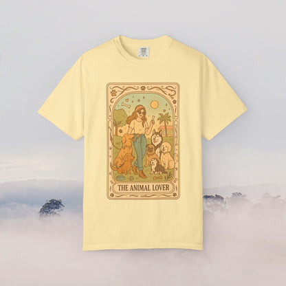 Animal Lover Tarot Tee in light yellow, featuring an artistic depiction of a woman with pets, made of 100% soft cotton, offering sizes from S to 4XL, eco-friendly and durable.