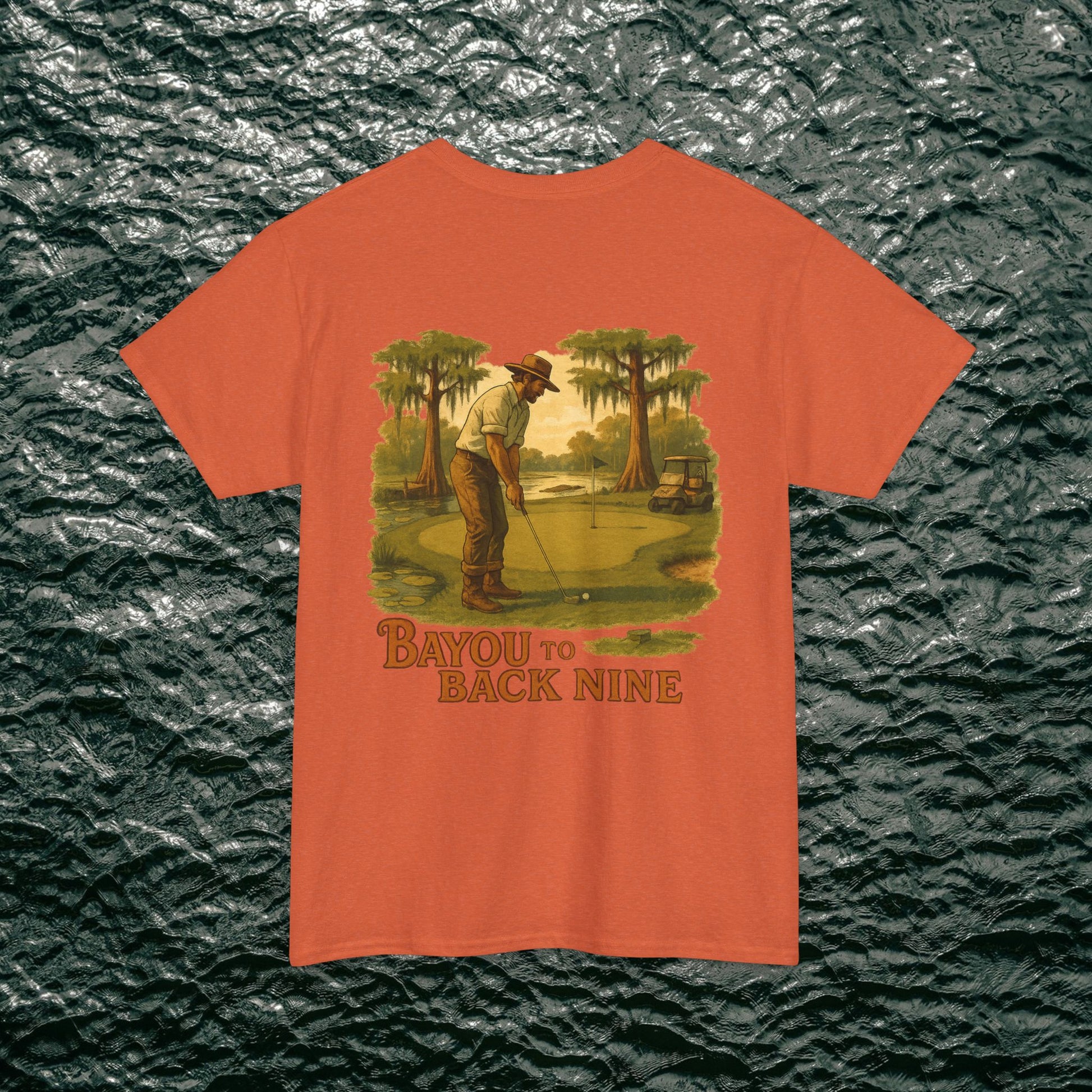 Bayou To Back Nine Softstyle Golf Tee featuring an artistic design of a golfer on the course, perfect for casual outings and relaxed style.