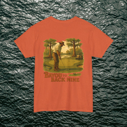Bayou To Back Nine Softstyle Golf Tee featuring an artistic design of a golfer on the course, perfect for casual outings and relaxed style.