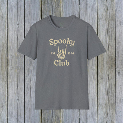 Unisex Spooky Club Tee in heather gray, featuring a skeleton hand design and text, created from soft and durable 100% cotton for Halloween.