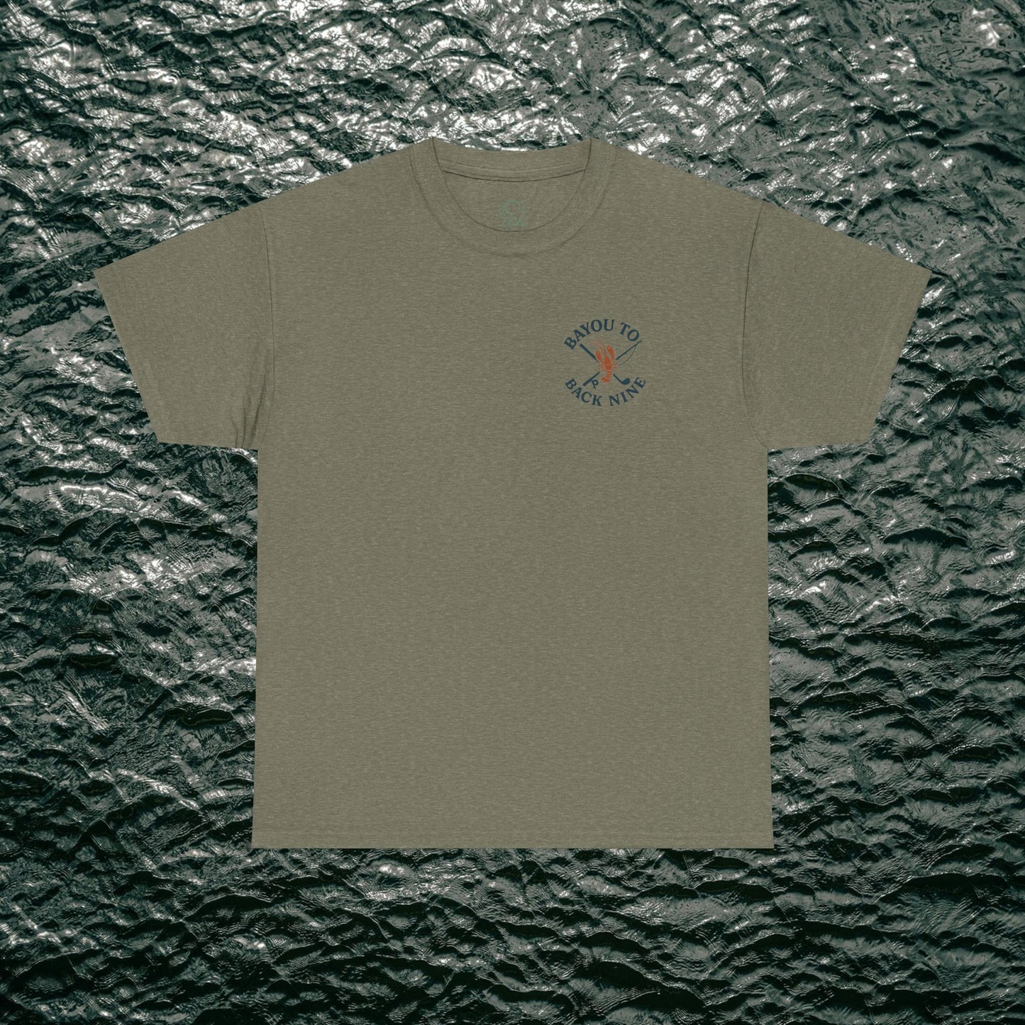Bayou To Back Nine Softstyle Golf Tee in olive green shade, crafted from soft cotton for ultimate comfort, perfect for golfers and those seeking casual style.