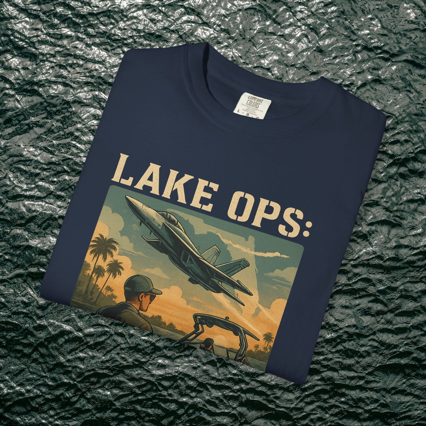 Garment-Dyed Comfort Tee for Adults showcasing a stylish 'Lake Ops' graphic design in navy color, crafted from premium 100% ring-spun cotton for ultimate comfort.