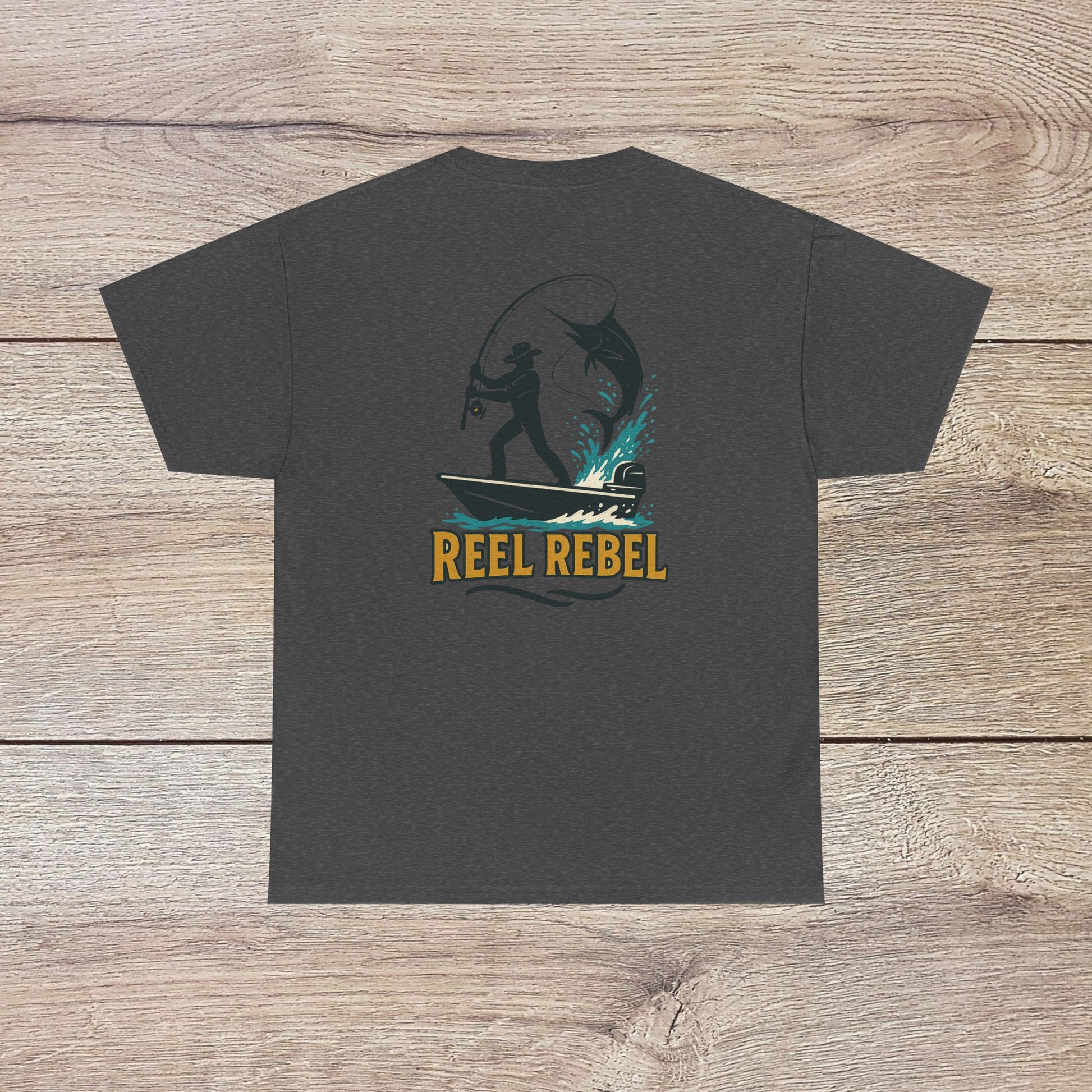 Fishing Adventure Tee in dark heather color showcasing a 'Reel Rebel' graphic, ideal for outdoor enthusiasts. Heavy cotton shirt great for casual outings.