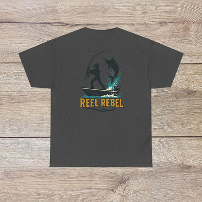 Fishing Adventure Tee in dark heather color showcasing a 'Reel Rebel' graphic, ideal for outdoor enthusiasts. Heavy cotton shirt great for casual outings.