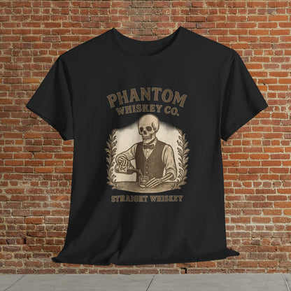 Vintage Skull Whiskey Lover Unisex Tee - Retro Casual Party Shirt in black featuring a vintage skeleton whiskey graphic, perfect for whiskey lovers and Halloween.