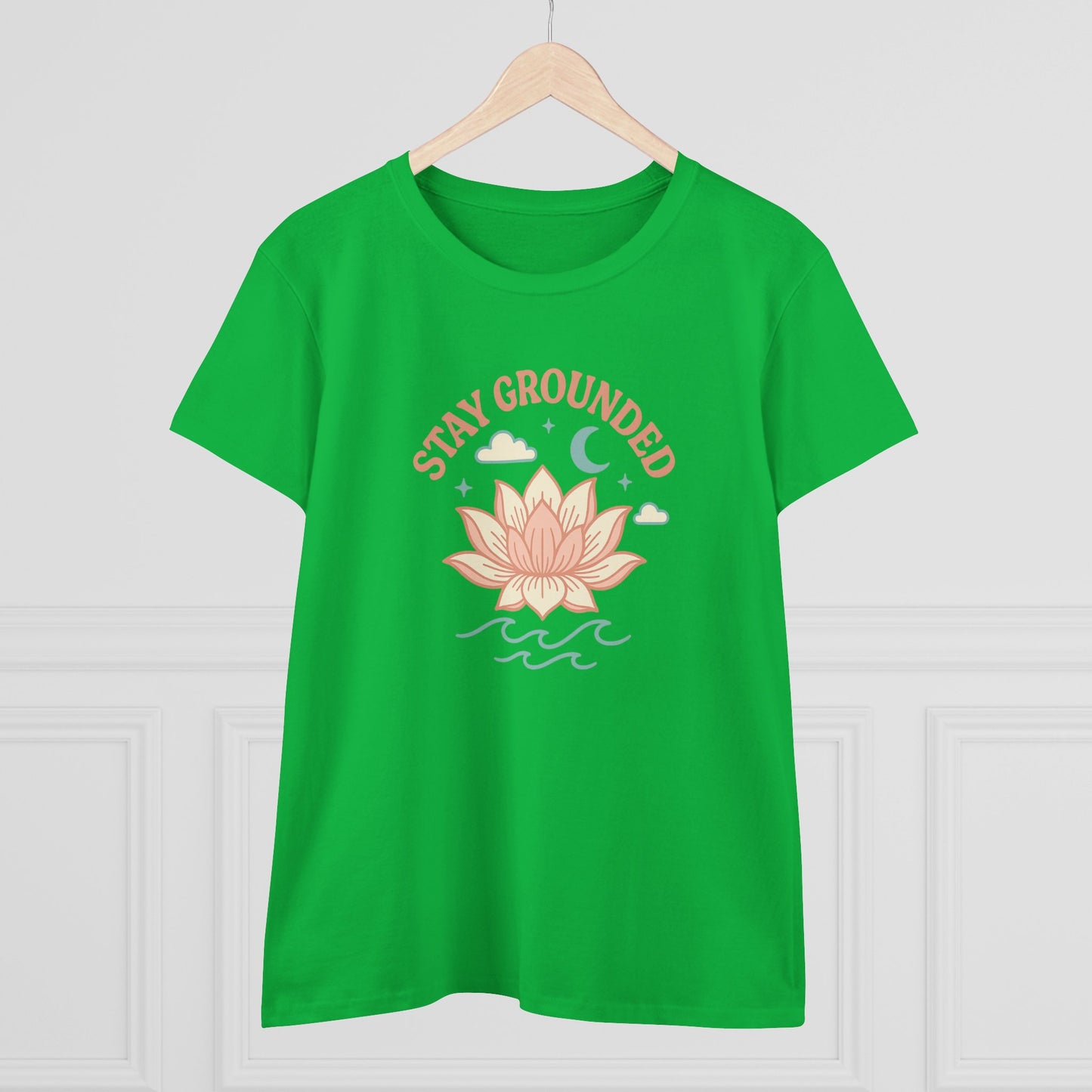 Stay Grounded Spiritual Tee in vibrant green, adorned with a peaceful lotus graphic, perfect for summer festivals and casual gatherings.