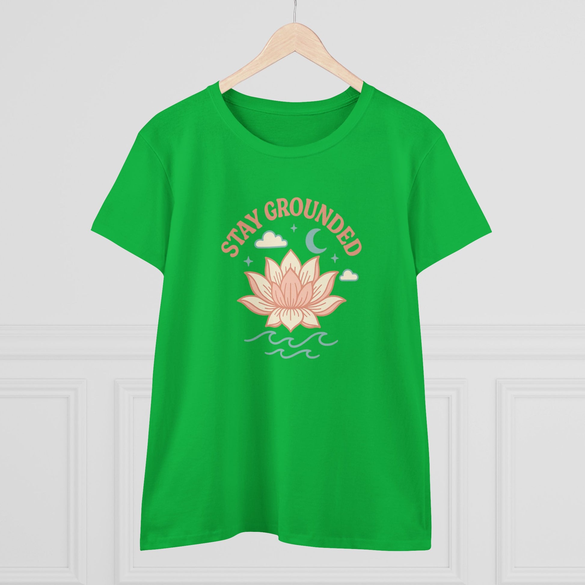 Stay Grounded Spiritual Tee in vibrant green, adorned with a peaceful lotus graphic, perfect for summer festivals and casual gatherings.