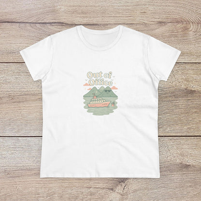 Out Of Office Cruise Tee featuring a boat and mountains design, perfect for casual wear. Made from soft cotton blend, lightweight for warm weather.