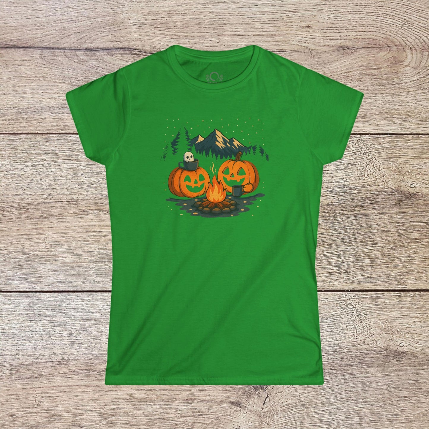 Fall Pumpkin Campfire T-Shirt in vibrant green, showcasing a campfire scene with pumpkins, ideal for Halloween celebrations, vintage unisex design, sizes S-4XL.