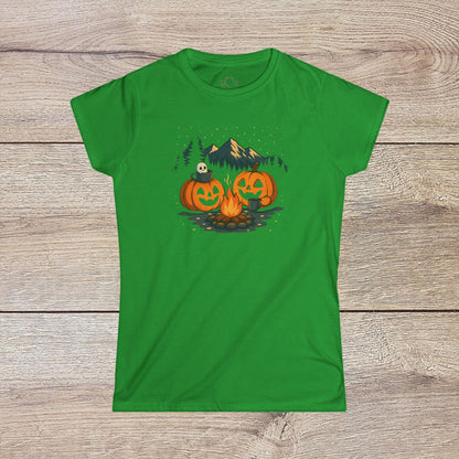Fall Pumpkin Campfire T-Shirt in vibrant green, showcasing a campfire scene with pumpkins, ideal for Halloween celebrations, vintage unisex design, sizes S-4XL.