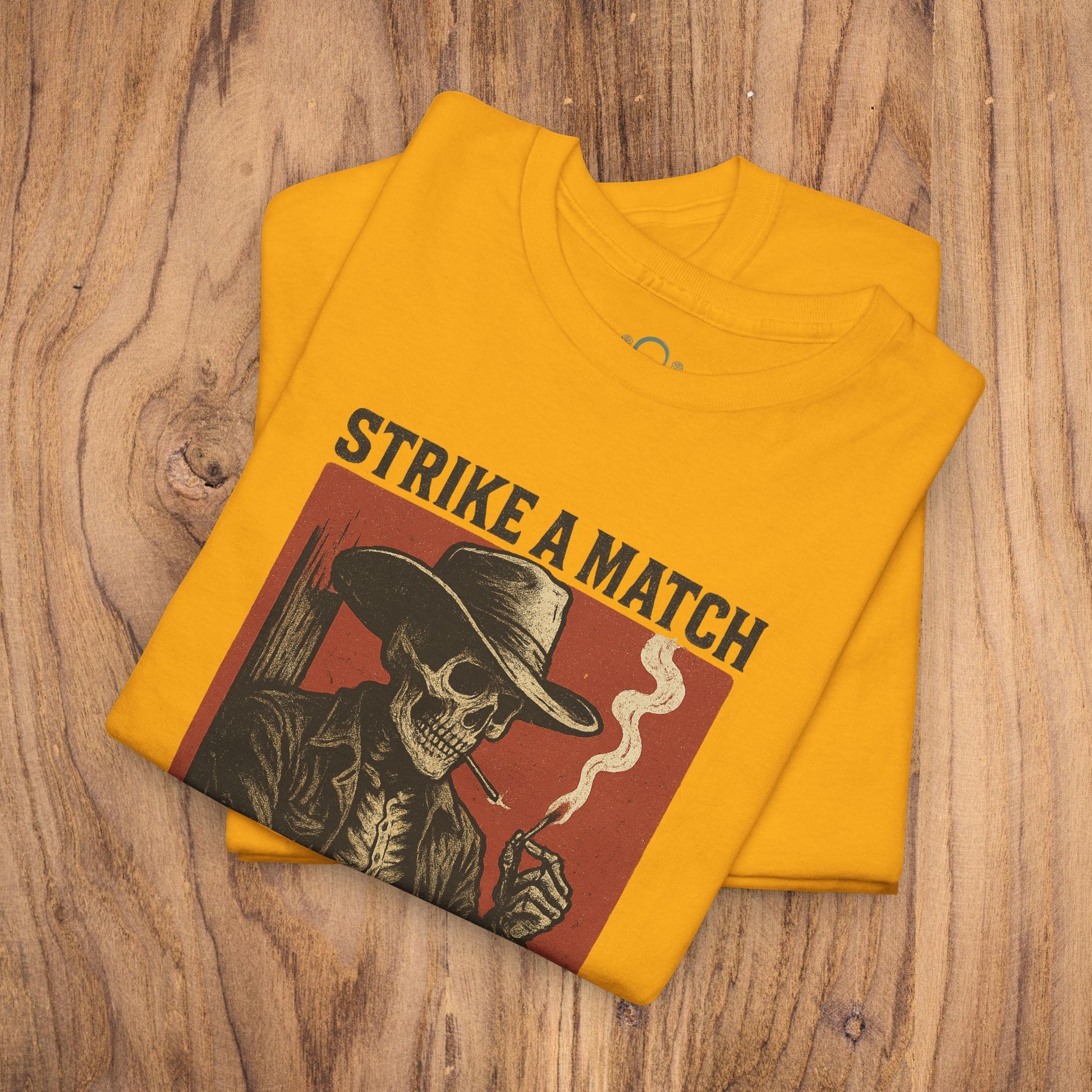 Bangtown Outlaws Retro Casual Party Shirt in yellow featuring a vibrant skull graphic and the slogan 'STRIKE A MATCH', an excellent choice for fun outings and stylish gifting.