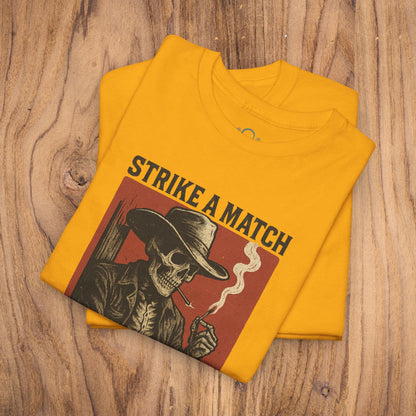 Bangtown Outlaws Retro Casual Party Shirt in yellow featuring a vibrant skull graphic and the slogan 'STRIKE A MATCH', an excellent choice for fun outings and stylish gifting.