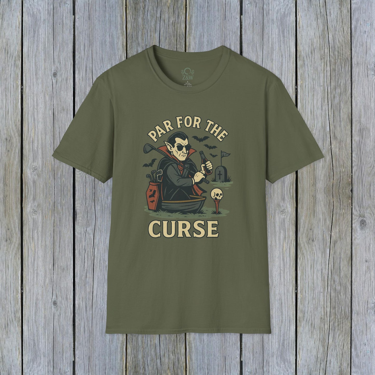 Funny Halloween Unisex T-Shirt with 'Par For The Curse' graphic in rich olive green, making it a great addition to your spooky fall wardrobe.