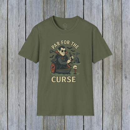 Funny Halloween Unisex T-Shirt with 'Par For The Curse' graphic in rich olive green, making it a great addition to your spooky fall wardrobe.