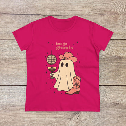 Let's Go Ghouls Tee in vibrant pink with a playful ghost character in a cowboy hat, ideal for Halloween parties and casual wear. Made from 100% cotton for a comfortable fit.