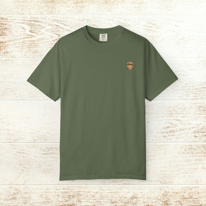 Rodeo On The Rocks Tee in olive green, made with soft 100% US cotton, showcasing a unique garment-dyed look, ideal for any casual occasion, available in sizes S to 4XL.