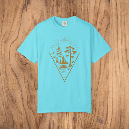Nature Outdoor Vibes Tee in light blue, showcasing a tranquil nature scene, crafted from soft and sustainable 100% US cotton, ideal for outdoor enthusiasts.