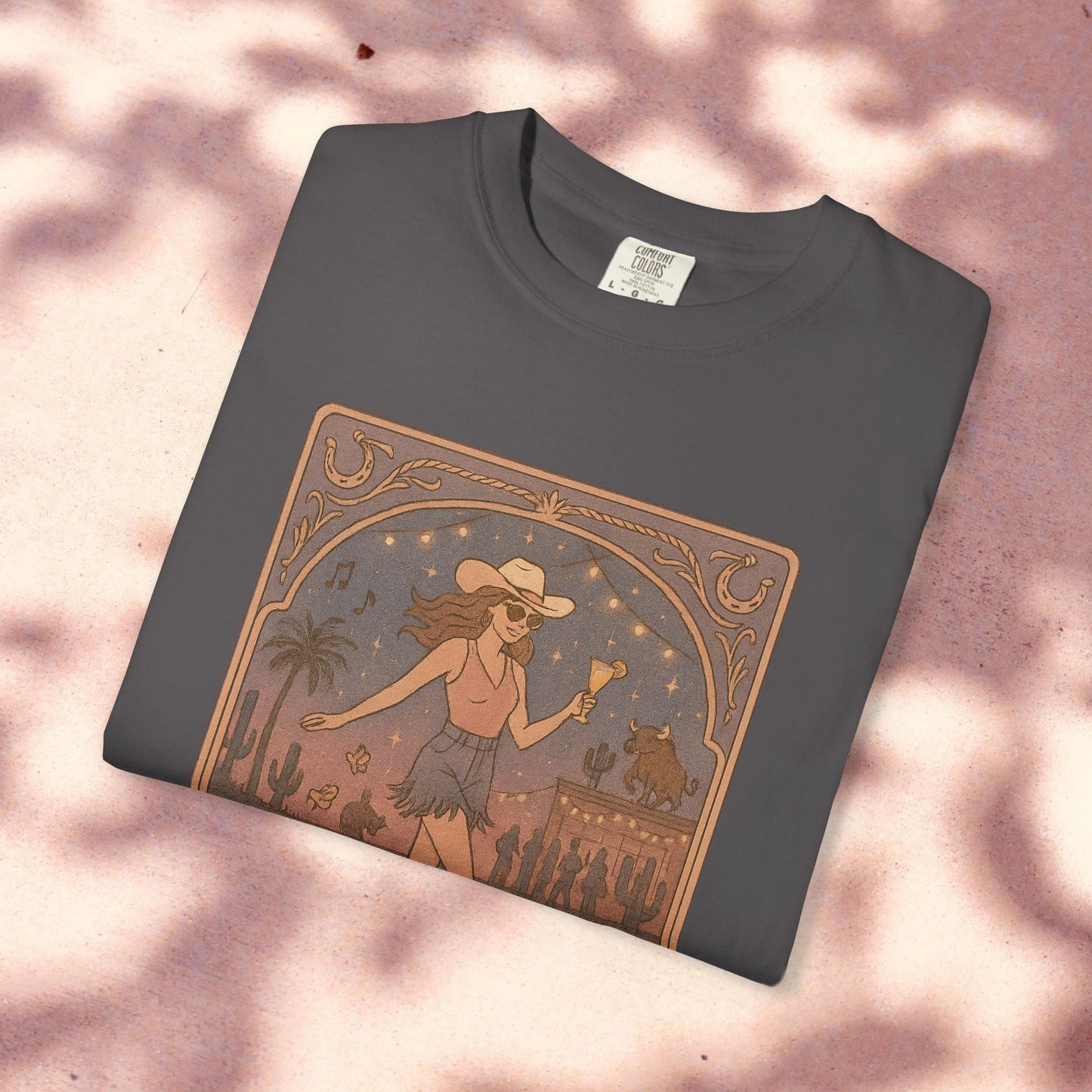 Line Dancer Tarot Tee folded in dark gray, displaying the eye-catching line dancer graphic, perfect for a trendy look.