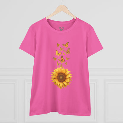 Front view of the Sunflower & Butterflies Cotton Tee for Women in bright pink with a stunning sunflower and butterfly design, perfect for casual wear.