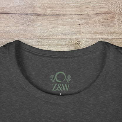 Close-up of the collar area of a Funny Pilates T-Shirt in dark gray, displaying the Z&W logo and smooth fabric ideal for printing.