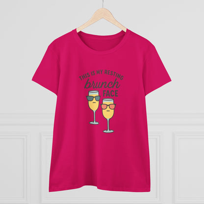 Front view of Women's Premium 100% Cotton Brunch Face Tee in bold fuchsia, displaying a fun brunch-themed graphic with two glasses.