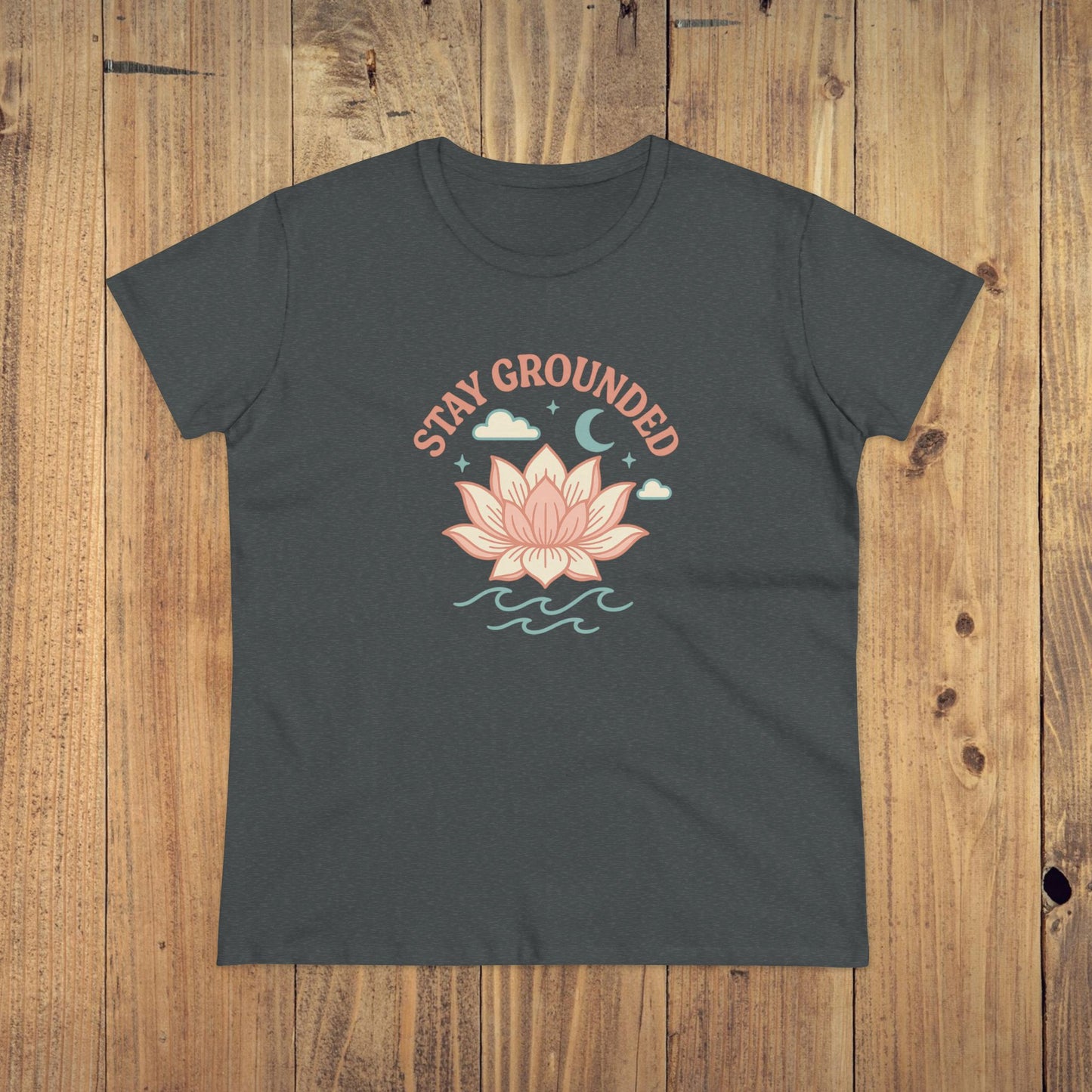 Stay Grounded Spiritual Tee in dark gray with an elegant lotus flower print, a stylish choice for casual gatherings and festivals.