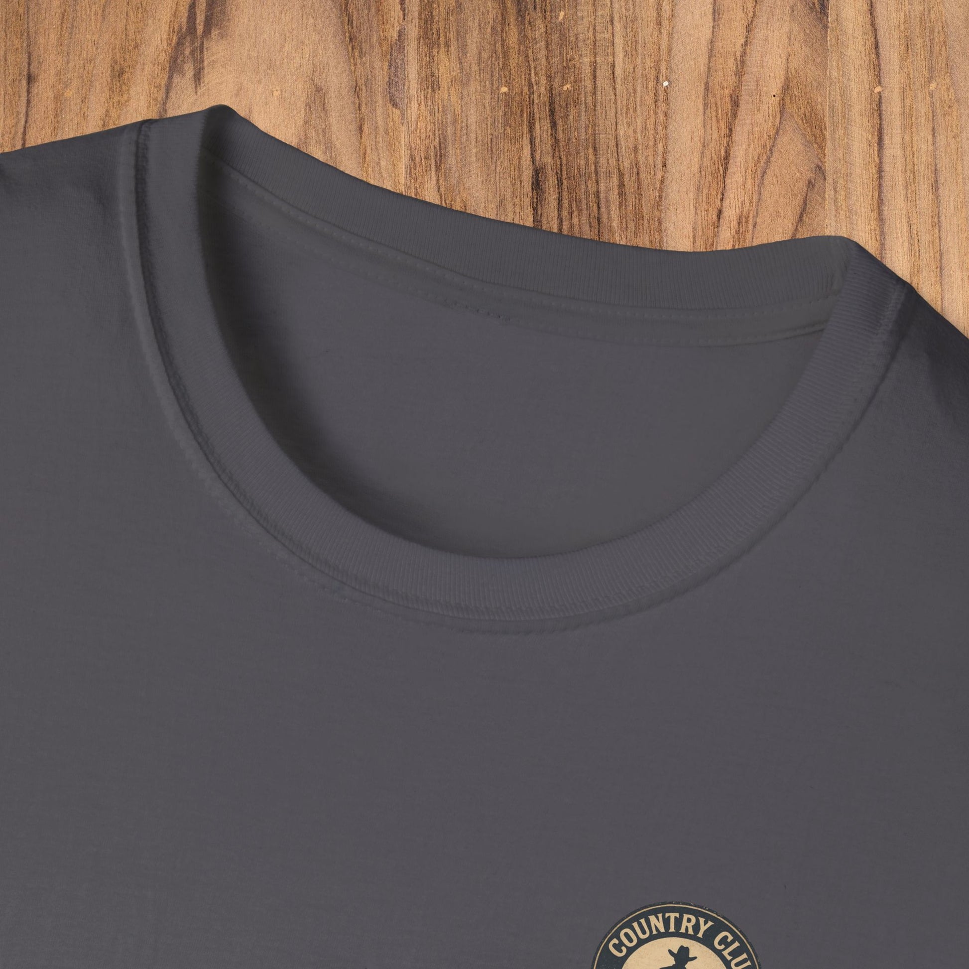Close-up of the crew neckline of the Vintage Southern Gentleman Golf Shirt - Country Club Outlaw Cowboy Tee, featuring a comfortable and versatile design.