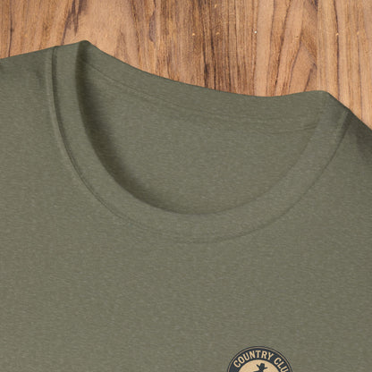 Close-up of the collar and emblem of the Vintage Southern Gentleman Golf Shirt - Country Club Outlaw Cowboy Tee, emphasizing its quality craftsmanship.