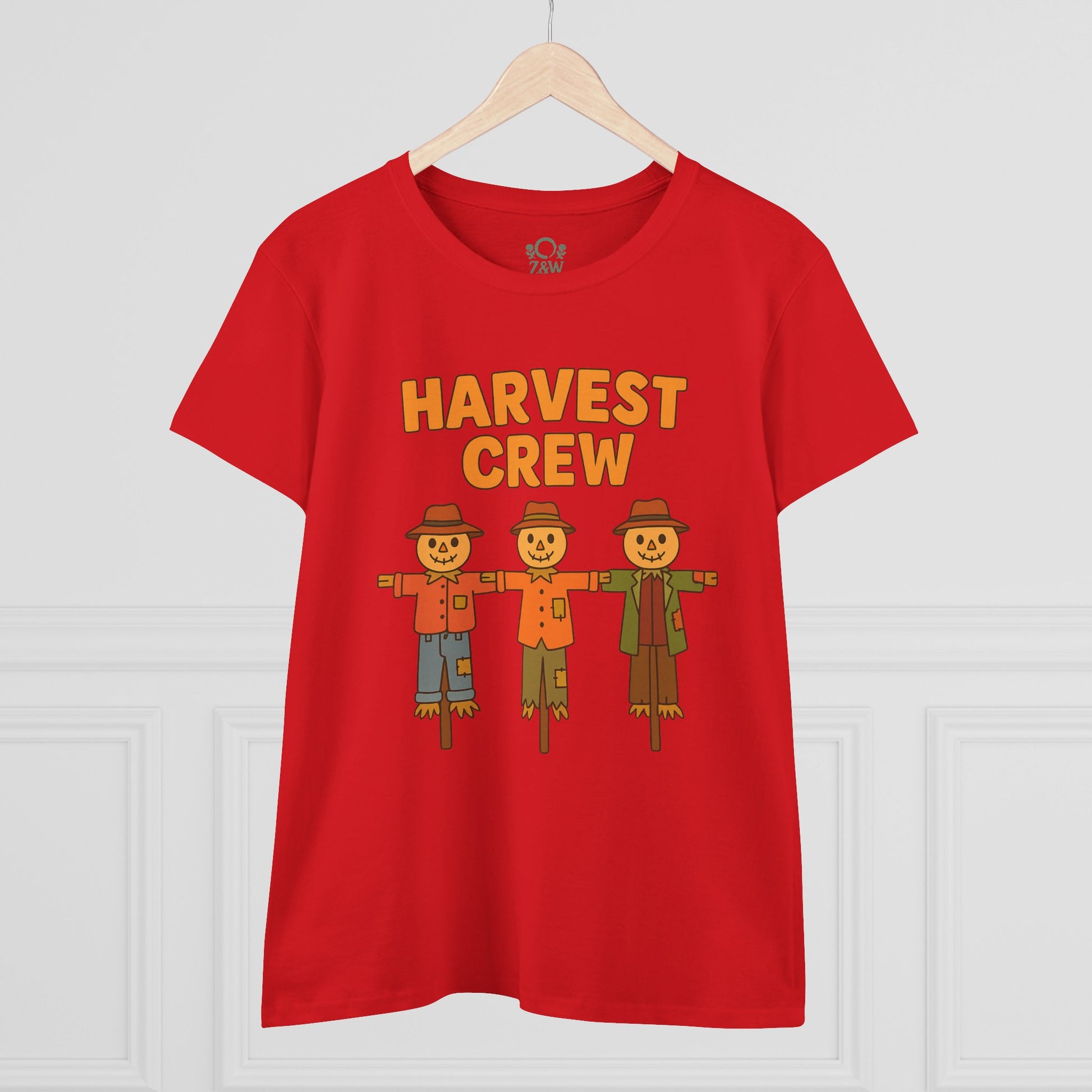 Front view of a Harvest Crew Halloween T-Shirt in red, showcasing a fun design with scarecrows, made of soft 100% ring-spun cotton, classic fit, and eco-friendly.