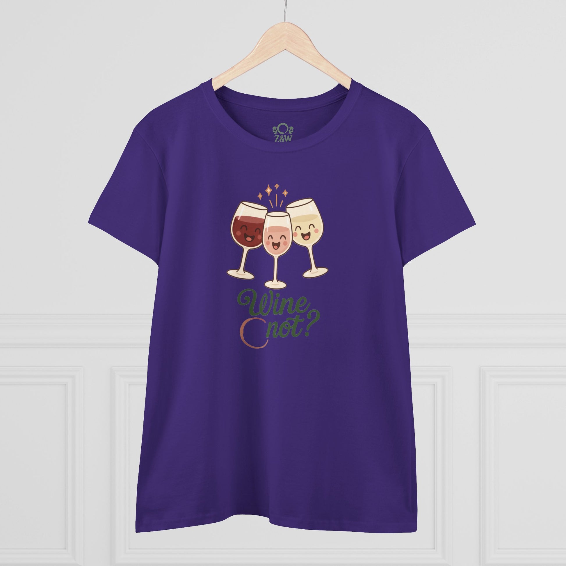 Wine Not Tee in purple showcasing a fun wine glass graphic on the front, perfect for casual wear and wine lovers alike.