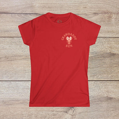 Crawfish Boil Shirt for Women in red color, designed with 'Crawdaddy SZN' logo, ideal for casual outings and seafood festivities.
