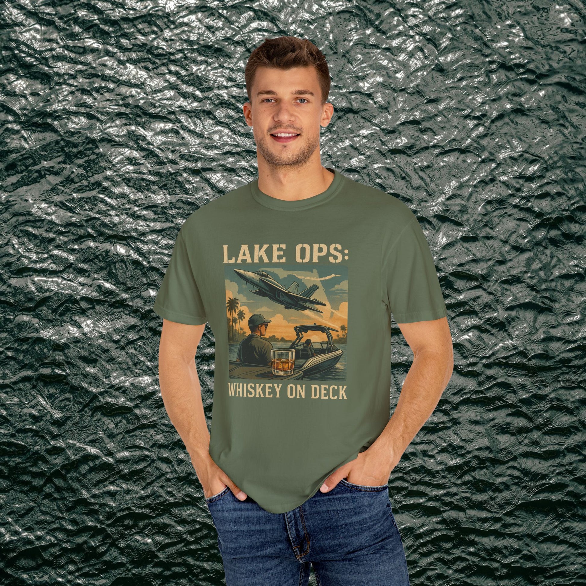 Garment-Dyed Comfort Tee For Adults in olive green featuring a vintage-style graphic 'Lake Ops: Whiskey On Deck.' Perfect for casual outings.