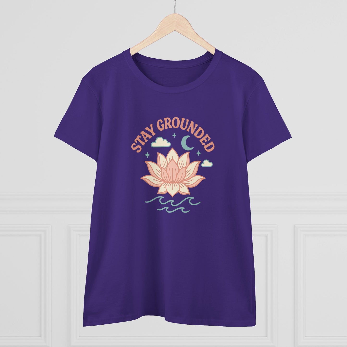 Front view of the Stay Grounded Spiritual Tee featuring a beautifully designed lotus graphic, ideal for warm days at festivals and vacations.
