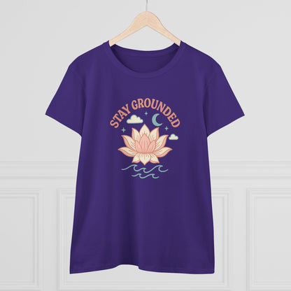 Front view of the Stay Grounded Spiritual Tee featuring a beautifully designed lotus graphic, ideal for warm days at festivals and vacations.
