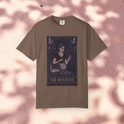 Intuitive Tarot Tee in earthy brown, adorned with an illustration of a tarot reader, made from durable premium 100% cotton for lasting wear.