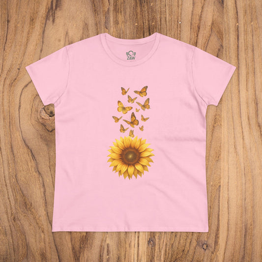 Sunflower & Butterflies Cotton Tee for Women in pink, made from 100% soft cotton, featuring a vibrant sunflower and butterfly design.