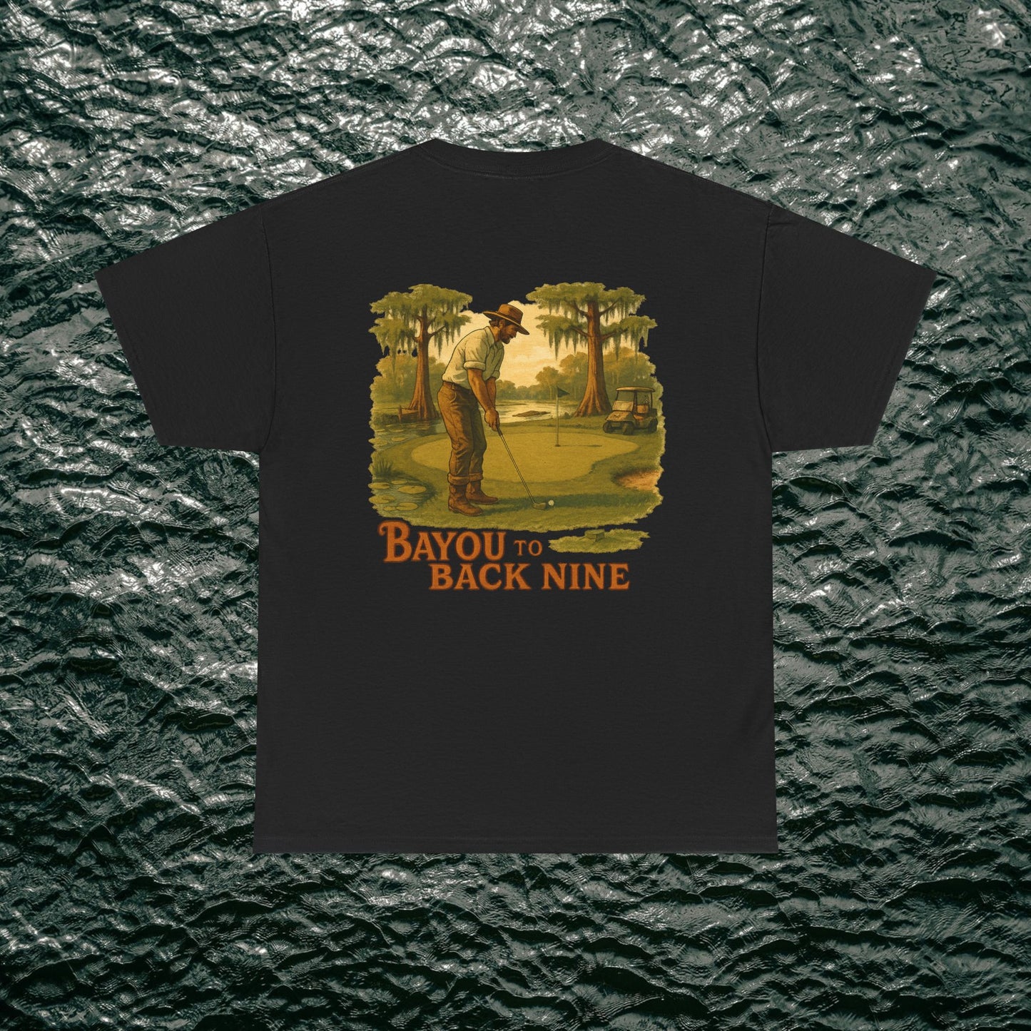 Bayou To Back Nine Softstyle Golf Tee - Classic black t-shirt adorned with a retro-style golfer graphic, perfect for casual outings and golf lovers.