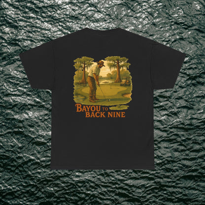 Bayou To Back Nine Softstyle Golf Tee - Classic black t-shirt adorned with a retro-style golfer graphic, perfect for casual outings and golf lovers.