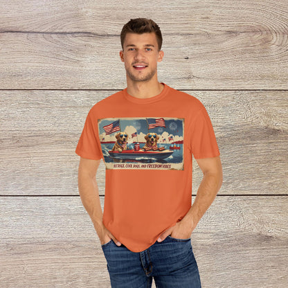 Model wearing Men's Golden Tee in orange, showcasing a playful design of dogs with sunglasses on a boat, celebrating freedom. Comfortable Cotton T-Shirt with Ribbed Collar, Sizes S-5XL.