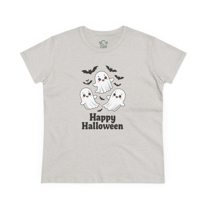 Cute Halloween Ghost T-Shirt for Kids & Adults in grey color featuring three friendly ghosts, perfect for spooky celebrations. Unisex design, soft cotton Halloween apparel.