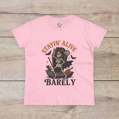 Stayin’ Alive T-Shirt in soft pink with a fun skeleton graphic, an excellent pick for Halloween outings. Comfortable unisex softstyle top for casual wear.