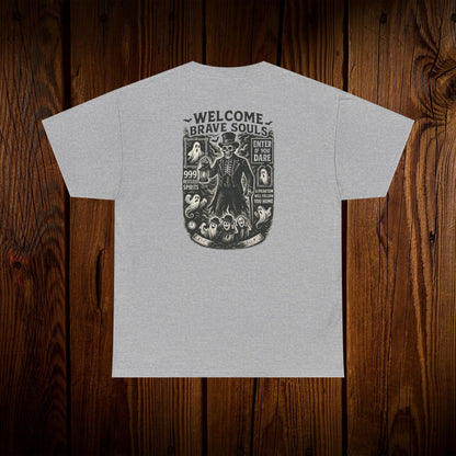 Spooky Halloween Graphic Tee showcasing a bold design with a skeleton and ghost print on the back, perfect for casual wear during the Halloween season.