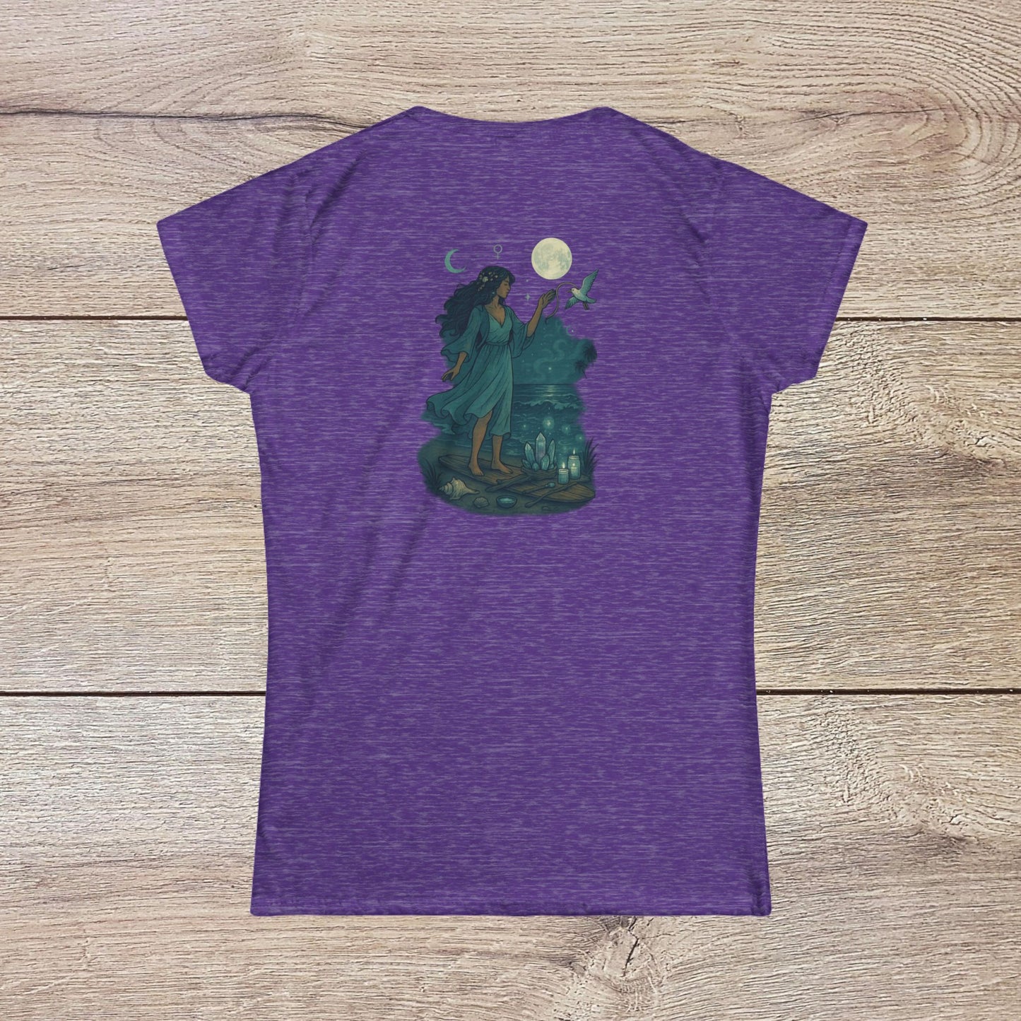 Moon Child T-Shirt - Back view of the purple slim-fit tee adorned with a mystical design, reflecting the spirit of dreamers and making a perfect gift.