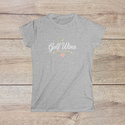 Golf Wives Social Club Tee in gray, crafted from soft, durable 100% ring-spun cotton, showcasing a chic logo with arrows and hearts, perfect for golf enthusiasts.