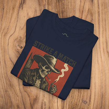 Bangtown Outlaws Retro Casual Party Shirt in navy blue displaying a bold vintage graphic of a smoking skull and cowboy, great for trendy gifting and casual occasions.