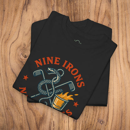Folded Golf-Themed 100% Cotton T-Shirt in black - Fun Casual Wear for Golf Lovers, Perfect Gift for Dads with a detailed 'Nine Irons Nine Lives' design.