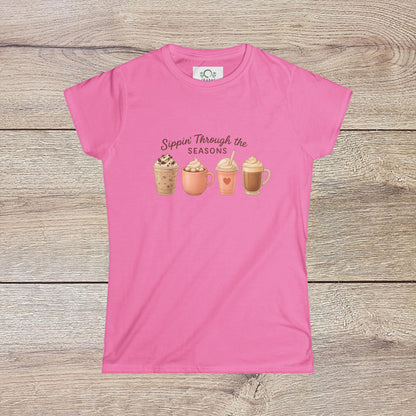 Sippin' Through The Seasons Slim Fit Tee in pink with a playful coffee-themed print of four different drinks, ideal for seasonal style.