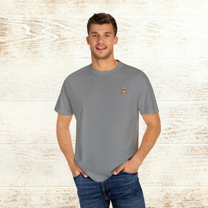 Rodeo On The Rocks Tee - Soft 100% US Cotton featuring a man wearing a gray t-shirt, highlighting its comfort and unique garment-dyed style.
