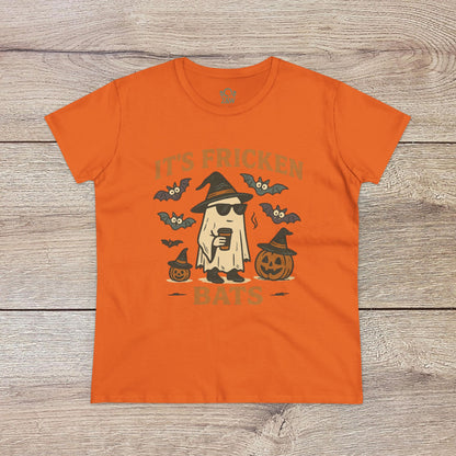 Bright orange Halloween Unisex T-Shirt displaying the humorous text 'It's Fricken Bats' alongside a ghost and pumpkins, made from 100% cotton, ideal for trick-or-treating.